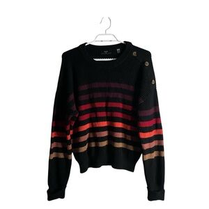 Tahari Women's Black Striped Crewneck Button Detail Fall Sweater